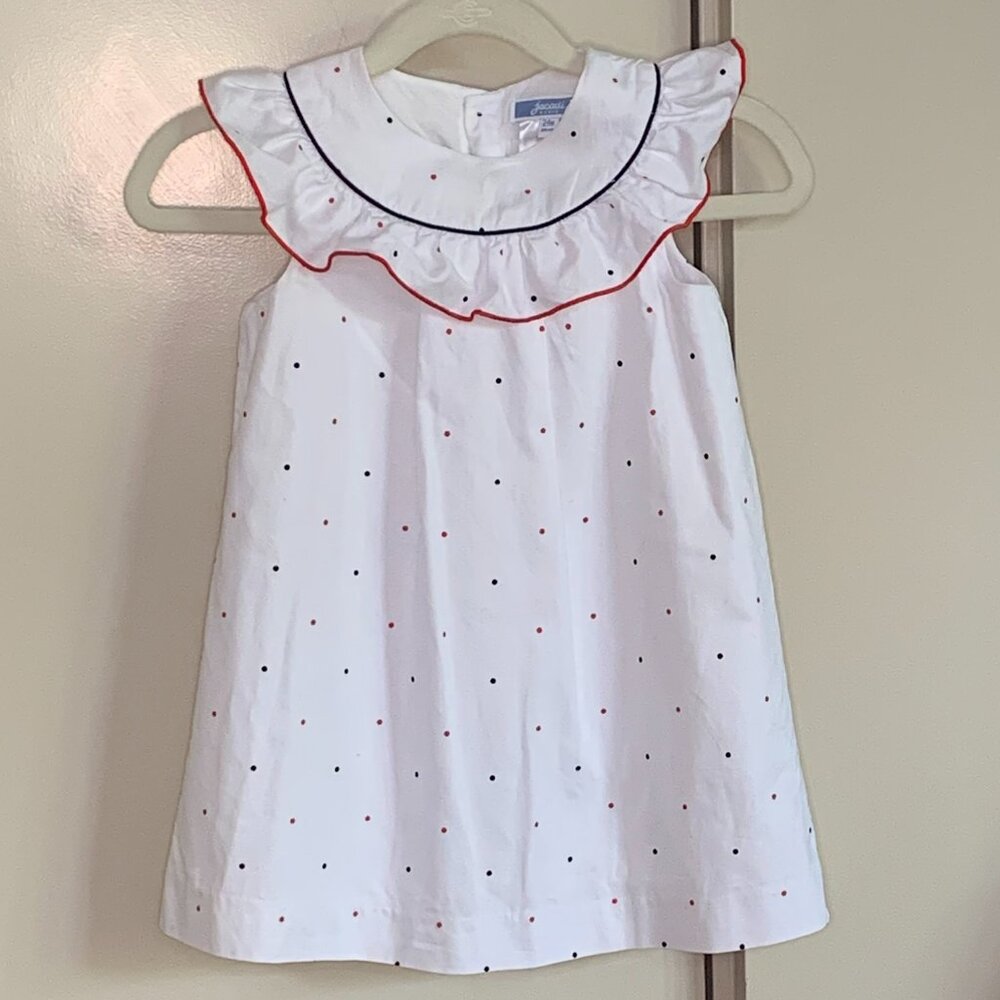 Jacadi Paris White Polka Dot Dress 2T Red Navy Trim Ruffle Collar Classic Summer